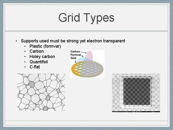 Grid Types • Supports used must be strong yet electron transparent • Plastic (formvar)