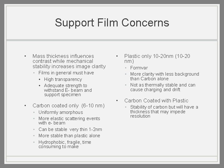 Support Film Concerns • Mass thickness influences contrast while mechanical stability increases image clarity