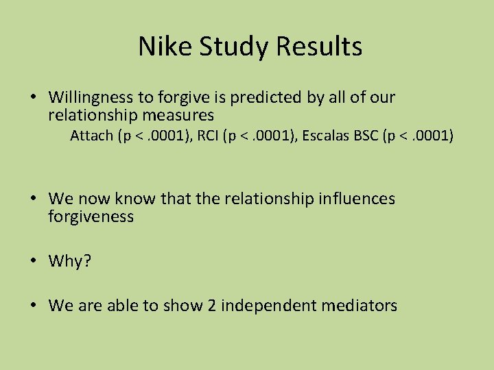 Nike Study Results • Willingness to forgive is predicted by all of our relationship