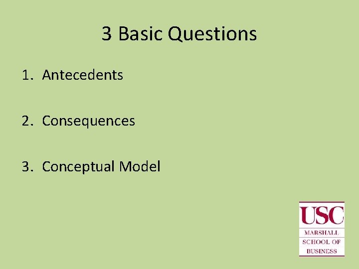 3 Basic Questions 1. Antecedents 2. Consequences 3. Conceptual Model 