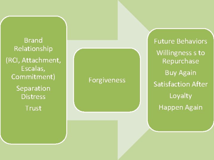 Brand Relationship (RCI, Attachment, Escalas, Commitment) Separation Distress Trust Forgiveness Future Behaviors Willingness s