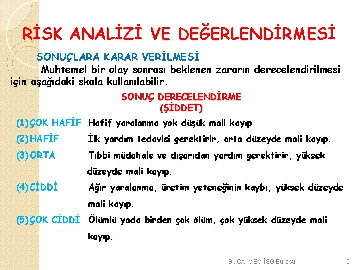 RİSK ANALİZİ VE DEĞERLENDİRMESİ SONUÇLARA KARAR VERİLMESİ Muhtemel bir olay sonrası beklenen zararın derecelendirilmesi