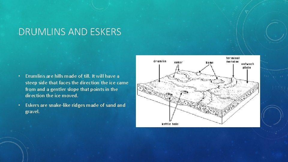 DRUMLINS AND ESKERS • Drumlins are hills made of till. It will have a