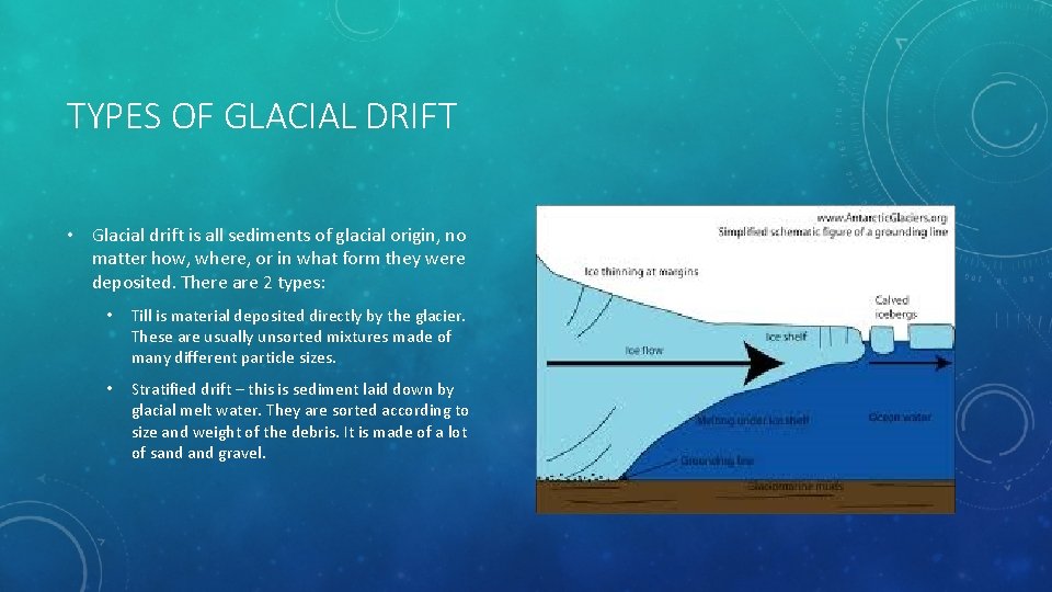 TYPES OF GLACIAL DRIFT • Glacial drift is all sediments of glacial origin, no