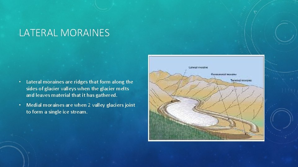 LATERAL MORAINES • Lateral moraines are ridges that form along the sides of glacier