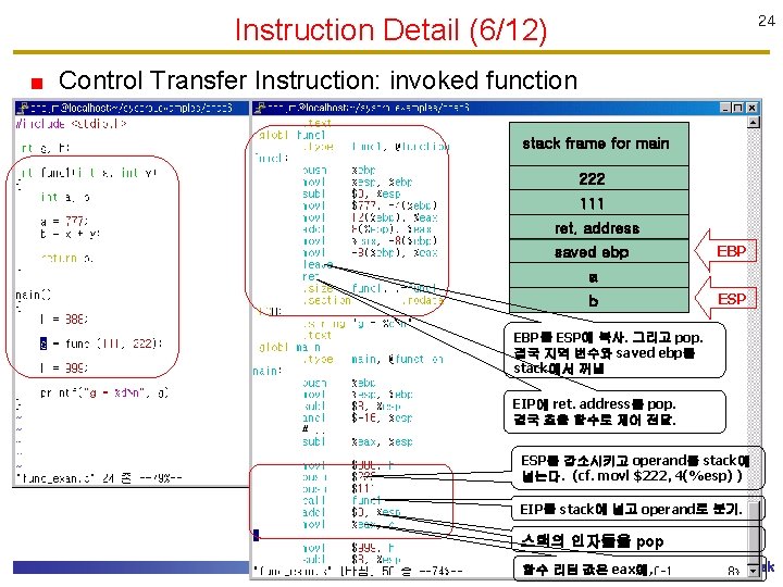 Instruction Detail (6/12) 24 Control Transfer Instruction: invoked function stack frame for main 222