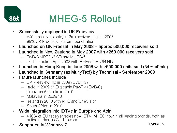 MHEG-5 Rollout • Successfully deployed in UK Freeview – >40 m receivers sold; >12