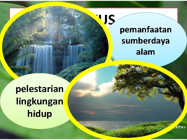 FOKUS pemanfaatan • Pengembangan sumberdaya alam penggunaan ilmu teknik untuk : pelestarian lingkungan hidup