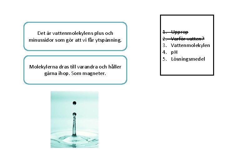 Det är vattenmolekylens plus och minussidor som gör att vi får ytspänning. Molekylerna dras