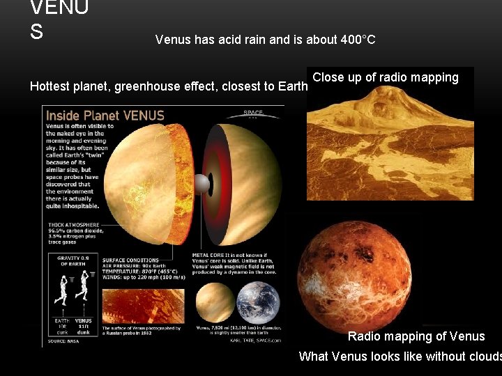 VENU S Venus has acid rain and is about 400°C Hottest planet, greenhouse effect,