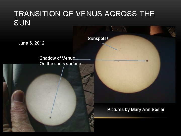 TRANSITION OF VENUS ACROSS THE SUN June 5, 2012 Sunspots! Shadow of Venus On