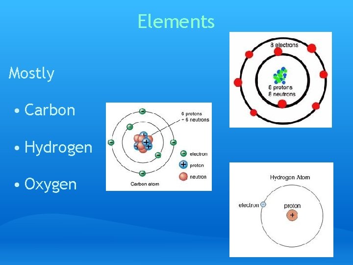 Elements Mostly • Carbon • Hydrogen • Oxygen 