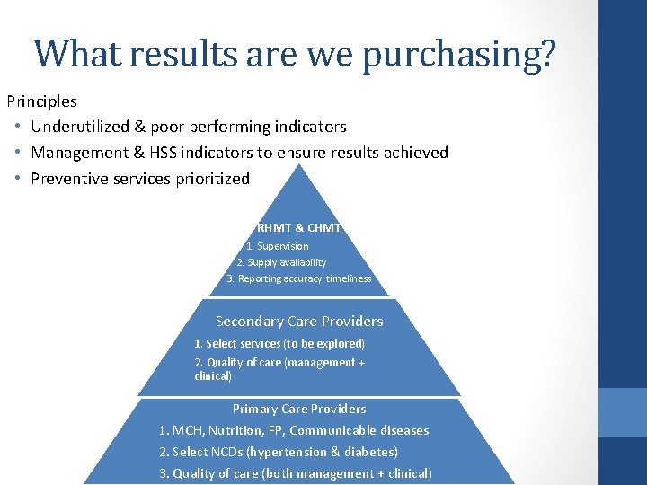 What results are we purchasing? Principles • Underutilized & poor performing indicators • Management