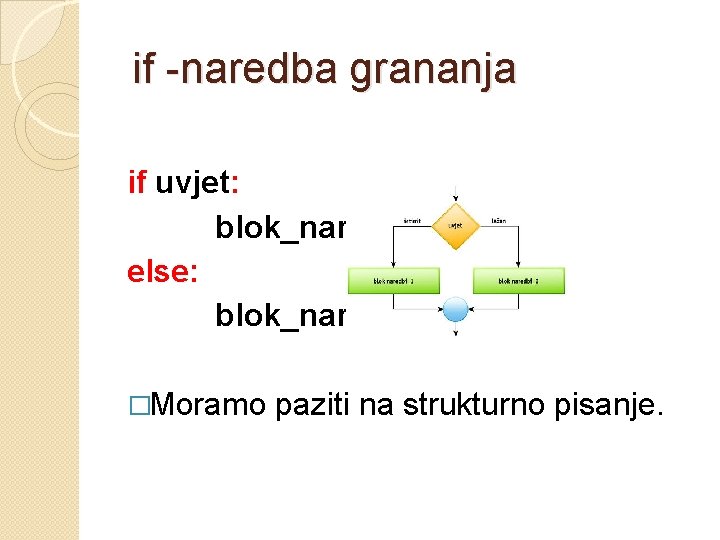 if -naredba grananja if uvjet: blok_naredbi else: blok_naredbi �Moramo paziti na strukturno pisanje. if -naredba grananja if uvjet: blok_naredbi else: blok_naredbi �Moramo paziti na strukturno pisanje.