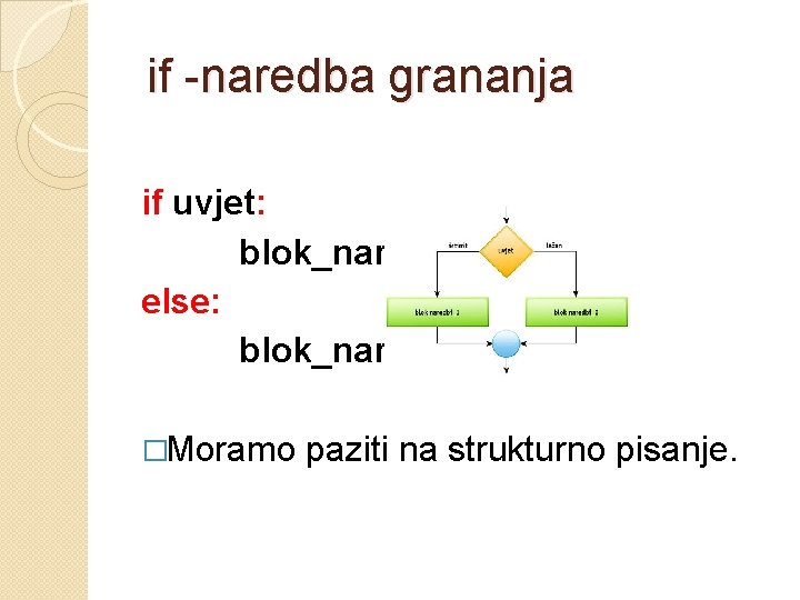 if -naredba grananja if uvjet: blok_naredbi else: blok_naredbi �Moramo paziti na strukturno pisanje. 