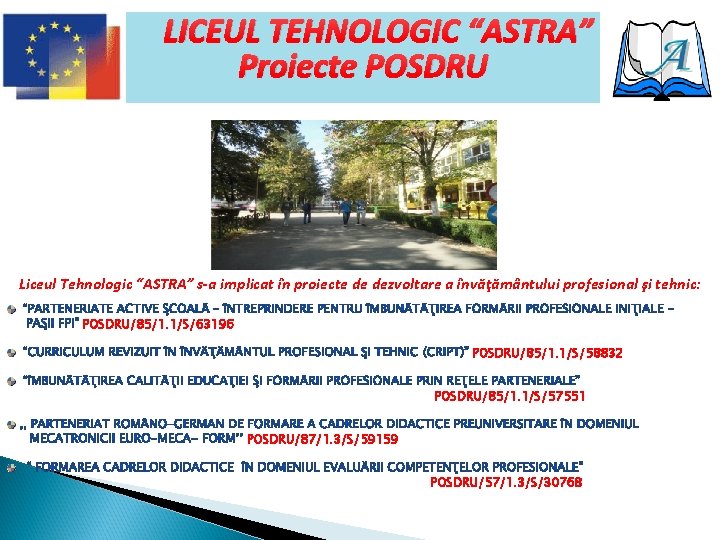 LICEUL TEHNOLOGIC “ASTRA” Proiecte POSDRU Liceul Tehnologic “ASTRA” s-a implicat în proiecte de dezvoltare