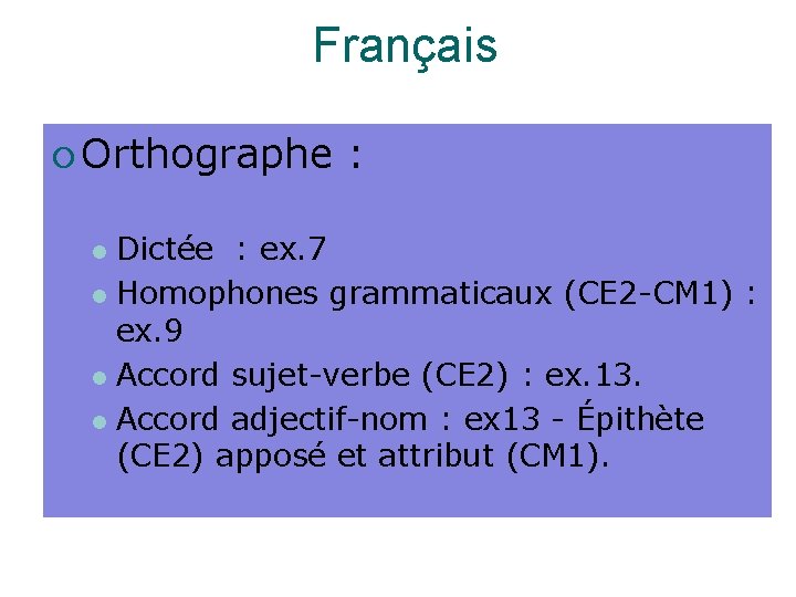 Français Orthographe : Dictée : ex. 7 Homophones grammaticaux (CE 2 -CM 1) :