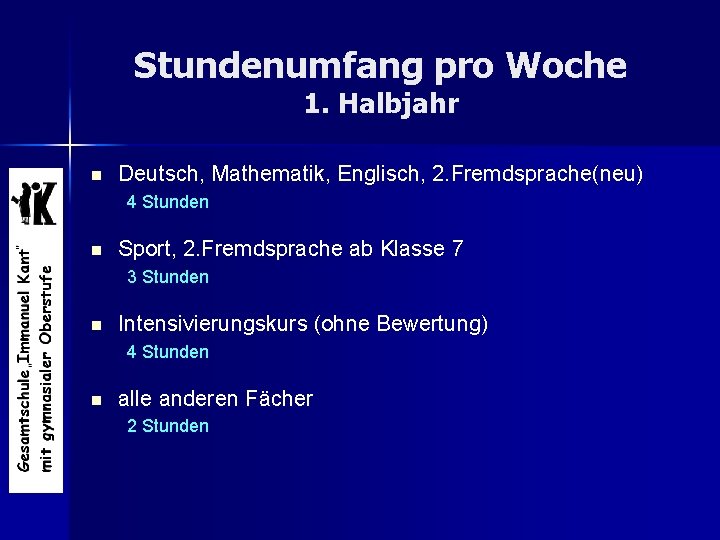 Stundenumfang pro Woche 1. Halbjahr n Deutsch, Mathematik, Englisch, 2. Fremdsprache(neu) 4 Stunden n