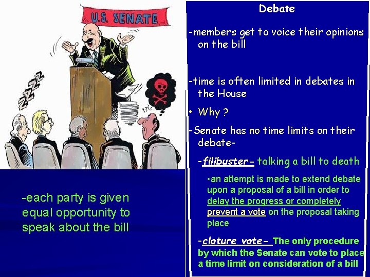 Debate -members get to voice their opinions on the bill -time is often limited