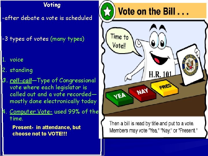 Voting -after debate a vote is scheduled -3 types of votes (many types) 1.