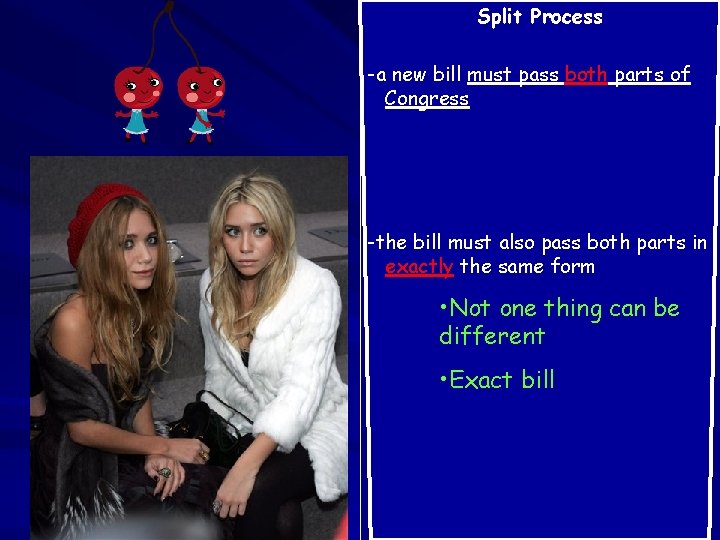 Split Process -a new bill must pass both parts of Congress -the bill must