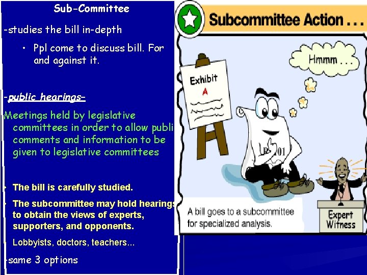 Sub-Committee -studies the bill in-depth • Ppl come to discuss bill. For and against