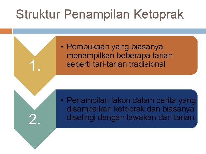 Struktur Penampilan Ketoprak 1. 2. • Pembukaan yang biasanya menampilkan beberapa tarian seperti tari-tarian