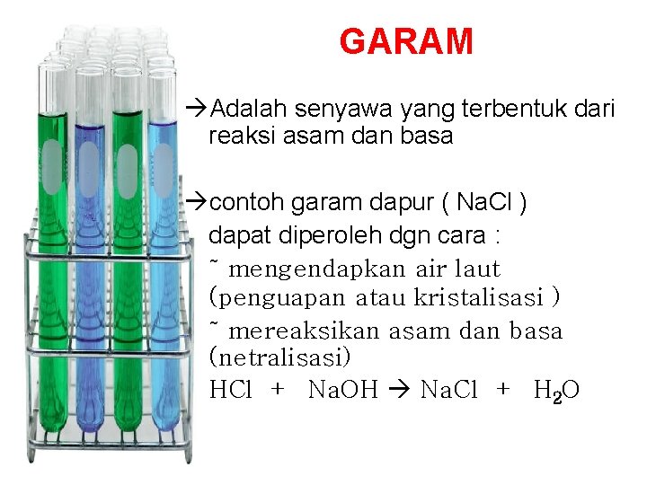 GARAM Adalah senyawa yang terbentuk dari reaksi asam dan basa contoh garam dapur (