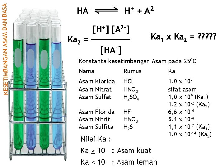 KESETIMBANGAN ASAM DAN BASA HA- H+ + A 2[H+] [A 2 -] Ka 2