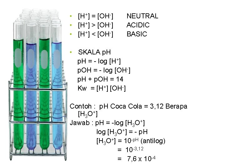  • [H+] = [OH-] • [H+] > [OH-] • [H+] < [OH-] NEUTRAL