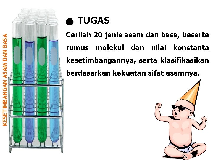 KESETIMBANGAN ASAM DAN BASA TUGAS Carilah 20 jenis asam dan basa, beserta rumus molekul KESETIMBANGAN ASAM DAN BASA TUGAS Carilah 20 jenis asam dan basa, beserta rumus molekul