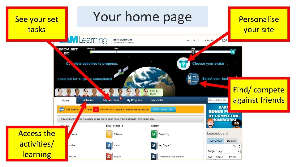 See your set tasks Your home page Personalise your site Find/ compete against friends