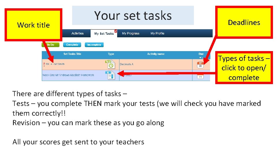 Work title Your set tasks Deadlines Types of tasks – click to open/ complete