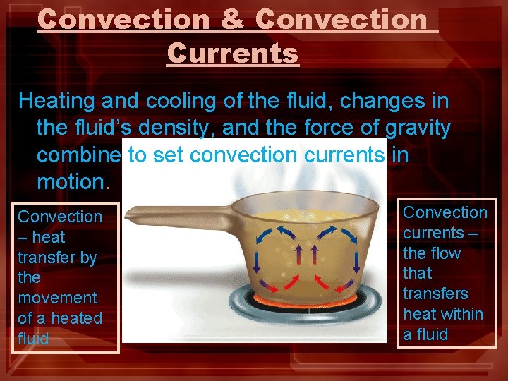 Convection & Convection Currents Heating and cooling of the fluid, changes in the fluid’s