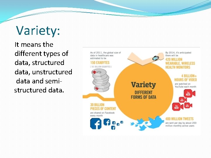 Variety: It means the different types of data, structured data, unstructured data and semistructured