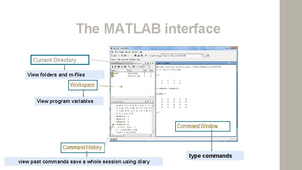 The MATLAB interface Current Directory View folders and m-files View program variables view past