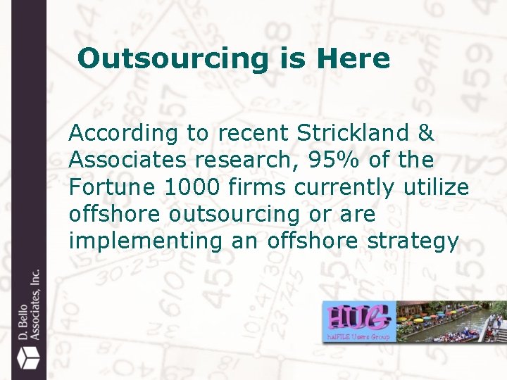 Outsourcing is Here According to recent Strickland & Associates research, 95% of the Fortune