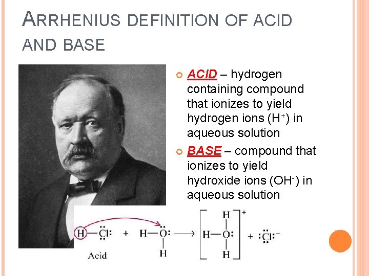 ARRHENIUS DEFINITION OF ACID AND BASE ACID – hydrogen containing compound that ionizes to