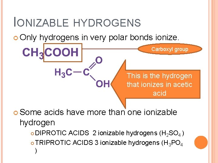 IONIZABLE HYDROGENS Only hydrogens in very polar bonds ionize. Carboxyl group This is the