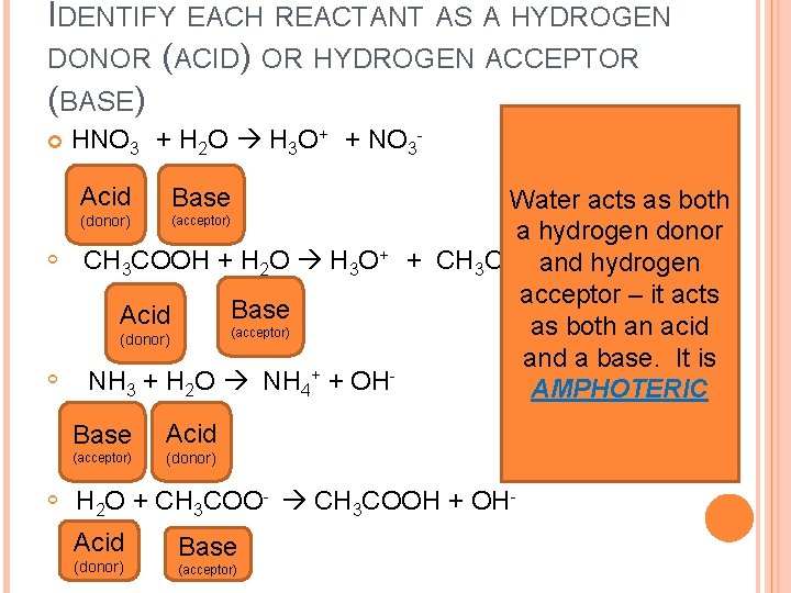 IDENTIFY EACH REACTANT AS A HYDROGEN DONOR (ACID) OR HYDROGEN ACCEPTOR (BASE) HNO 3
