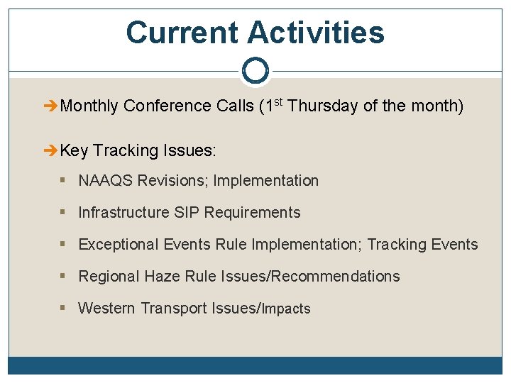 Current Activities Monthly Conference Calls (1 st Thursday of the month) Key Tracking Issues: