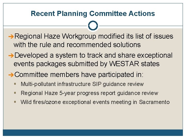 Recent Planning Committee Actions Regional Haze Workgroup modified its list of issues with the