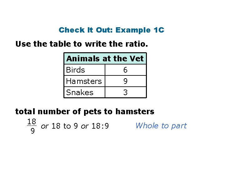 Check It Out: Example 1 C Use the table to write the ratio. Animals