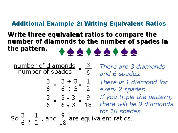 Additional Example 2: Writing Equivalent Ratios Write three equivalent ratios to compare the number