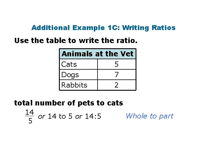 Additional Example 1 C: Writing Ratios Use the table to write the ratio. Animals