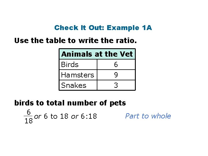 Check It Out: Example 1 A Use the table to write the ratio. Animals