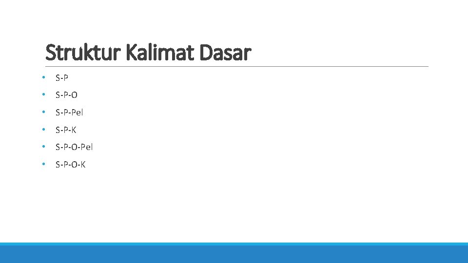 Struktur Kalimat Dasar • S-P-O • S-P-Pel • S-P-K • S-P-O-Pel • S-P-O-K 