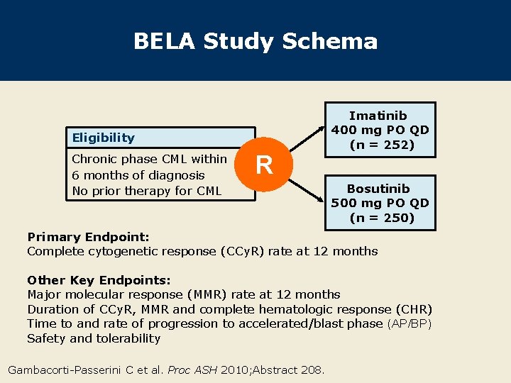 BELA Study Schema Eligibility Chronic phase CML within 6 months of diagnosis No prior