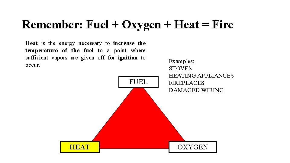 Remember: Fuel + Oxygen + Heat = Fire Heat is the energy necessary to