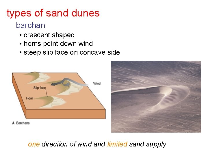 types of sand dunes barchan • crescent shaped • horns point down wind •